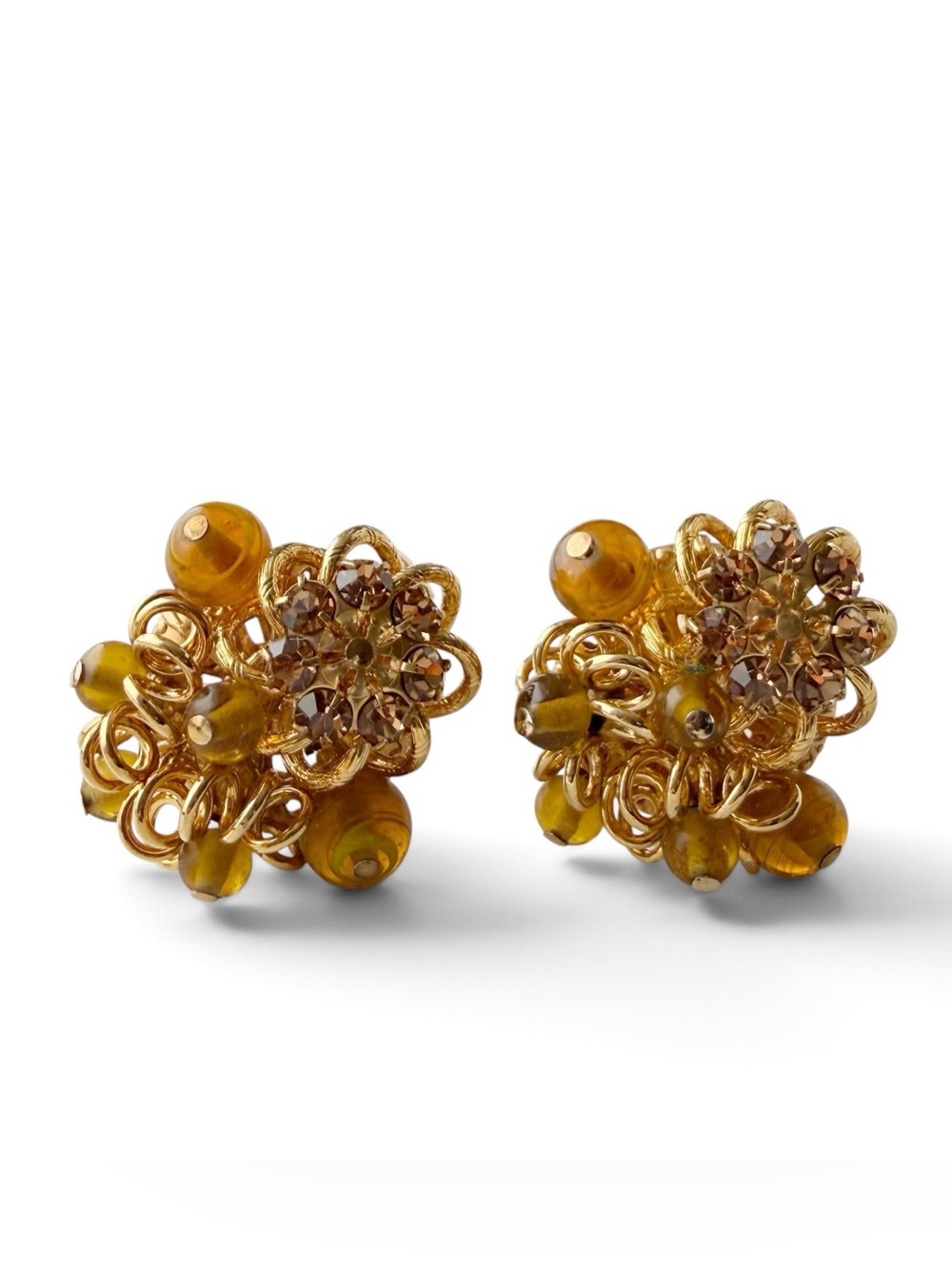 Vintage Vendome Topaz Amber Rhinestone Glass Beaded Screwback Clip On Earrings